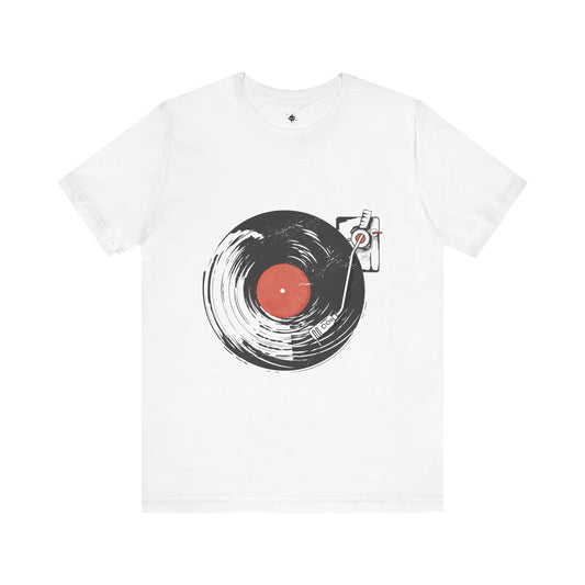 the front of a white t-shirt with a vintage black vinyl record 