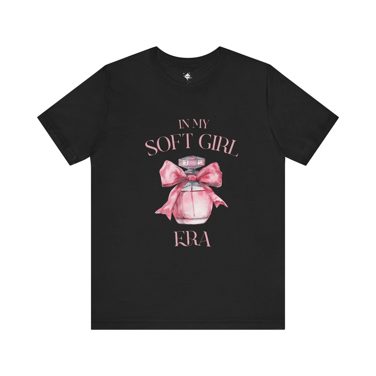 front of a black in my soft girl era t shirt with a pink perfume bottle with a pink bow