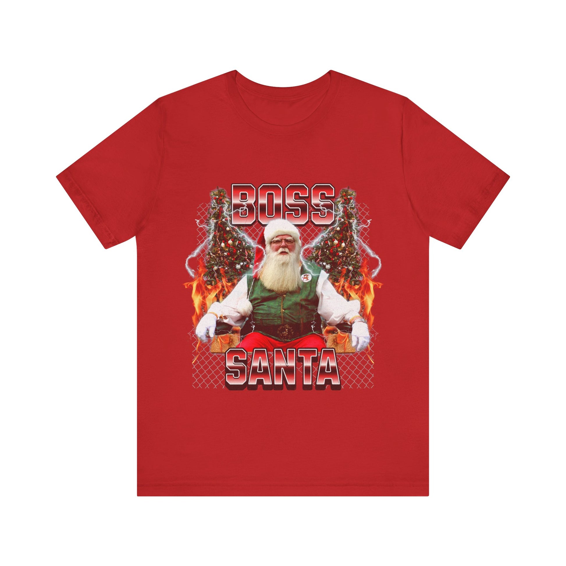 Red t-shirt featuring a bold graphic design of a confident Santa Claus with the phrase 'Boss Santa,' perfect for festive and playful holiday style.