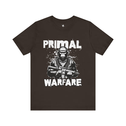 brown t-shirt featuring a powerful military gorilla gripping a machine gun with the bold phrase 'Primal Warfare,' perfect for military-themed and bold statement style."