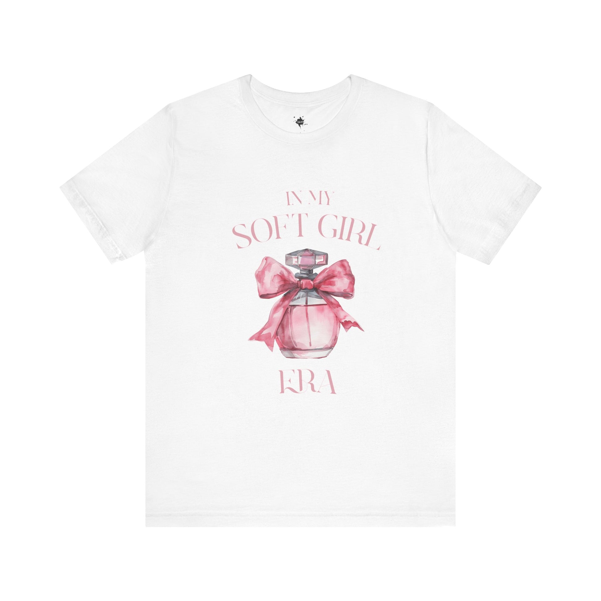 front of a white in my soft girl era t shirt with a pink perfume bottle with a pink bow