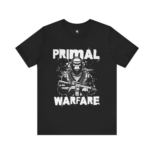 Black t-shirt featuring a powerful military gorilla gripping a machine gun with the bold phrase 'Primal Warfare,' perfect for military-themed and bold statement style."