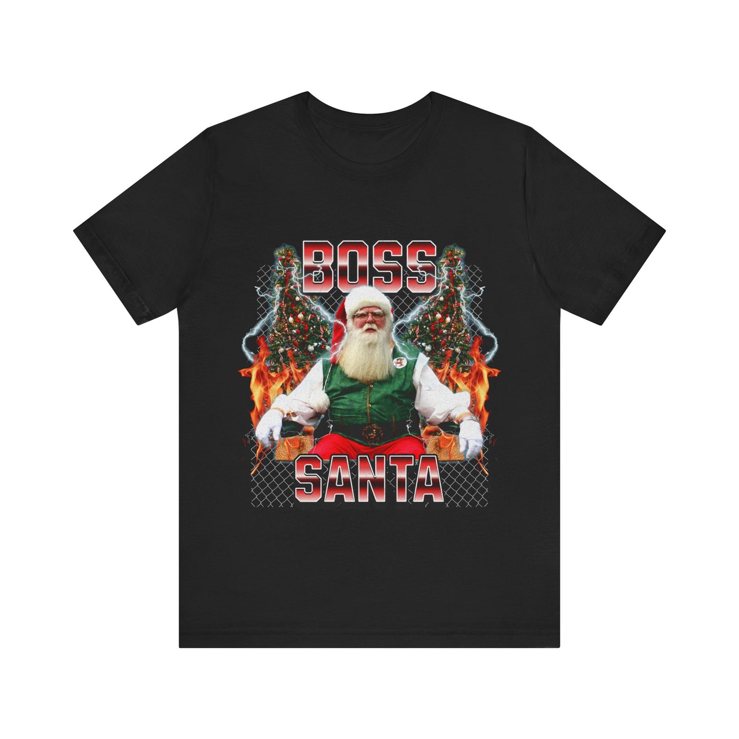 black t-shirt featuring a bold graphic design of a confident Santa Claus with the phrase 'Boss Santa,' perfect for festive and playful holiday style.