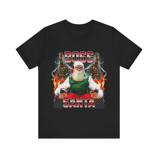 black t-shirt featuring a bold graphic design of a confident Santa Claus with the phrase 'Boss Santa,' perfect for festive and playful holiday style.