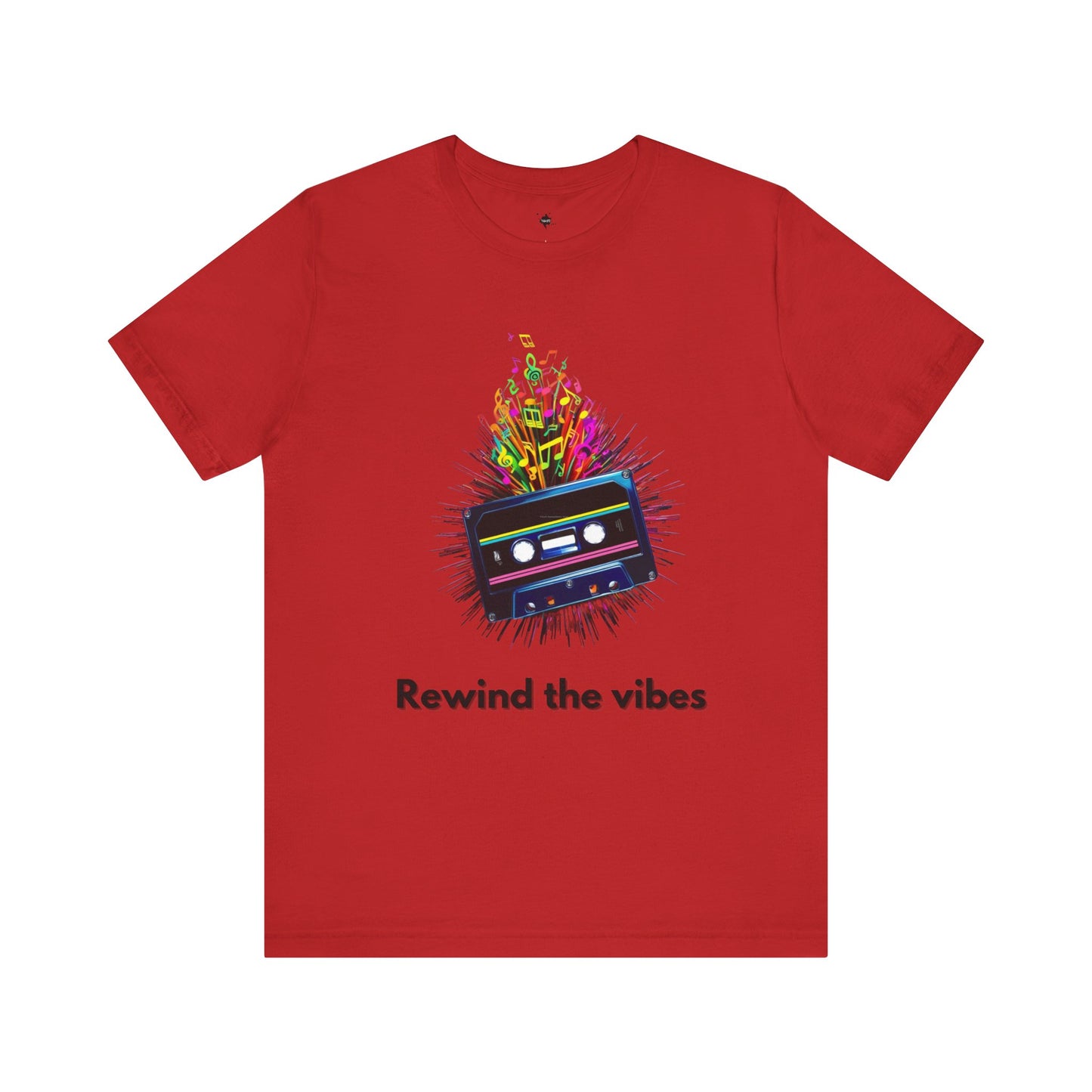 red t-shirt featuring a retro cassette tape design with musical notes and the phrase 'Rewind the Vibes,' perfect for 90s music lovers and nostalgic style