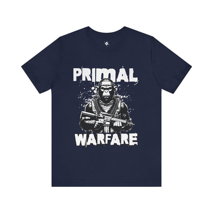 navy t-shirt featuring a powerful military gorilla gripping a machine gun with the bold phrase 'Primal Warfare,' perfect for military-themed and bold statement style."