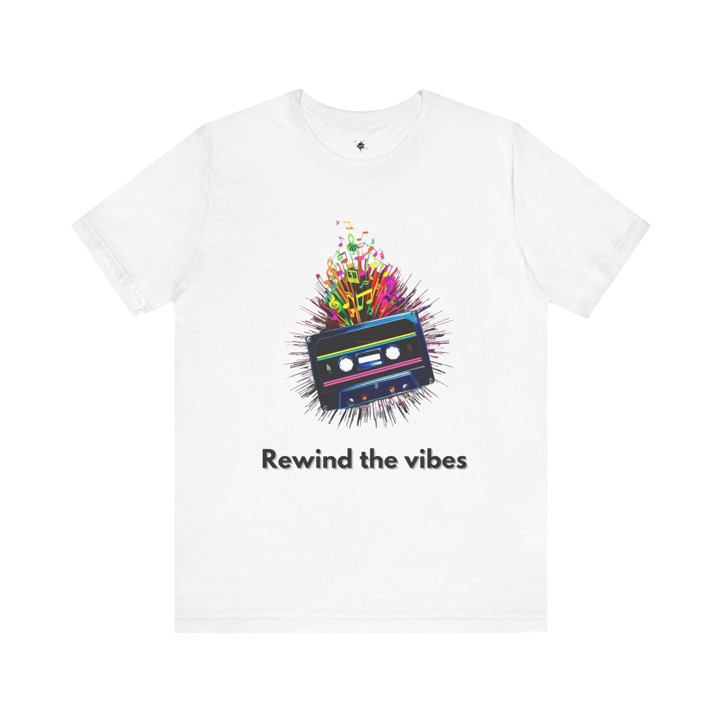 white t-shirt featuring a retro cassette tape design with musical notes and the phrase 'Rewind the Vibes,' perfect for 90s music lovers and nostalgic style