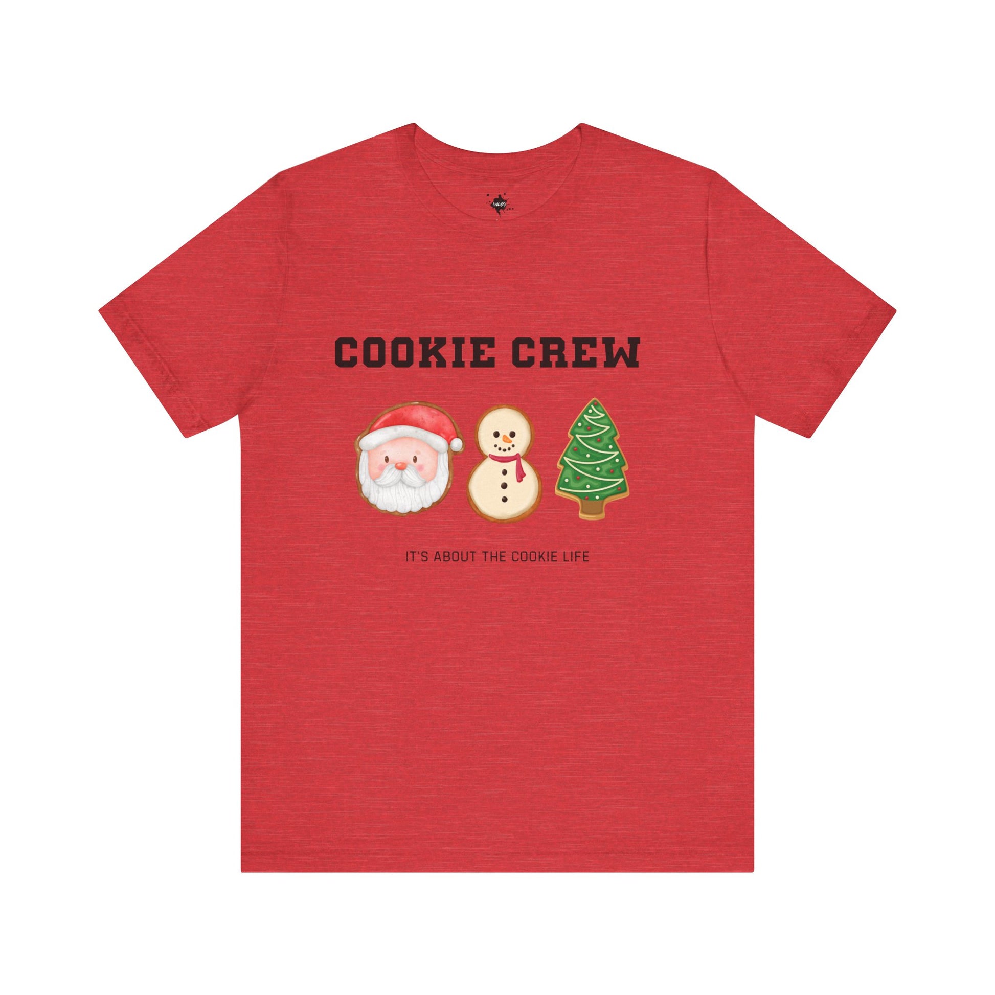 red front t shirt with cookie crew it's about the cookie like with a santa, snowman and christmas tree cookie image