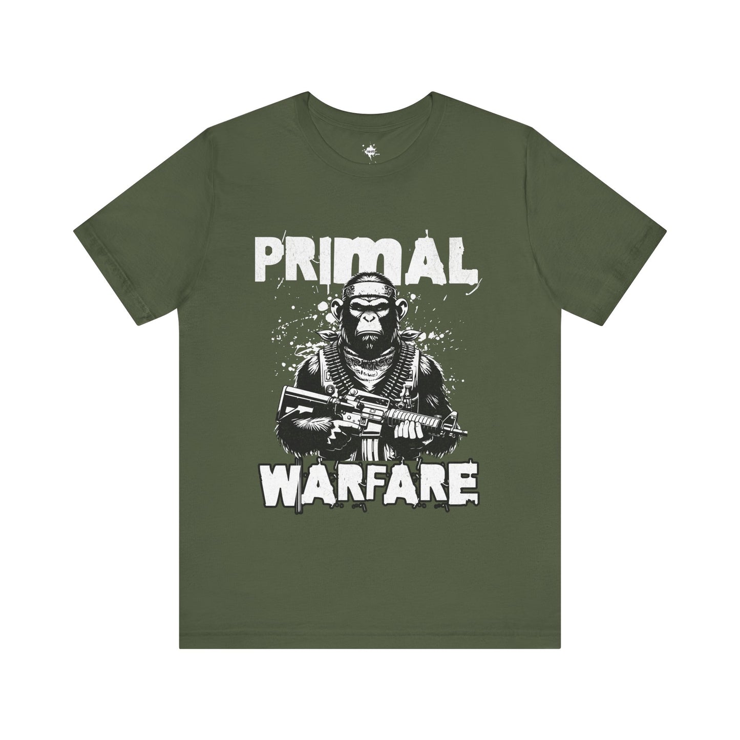 green t-shirt featuring a powerful military gorilla gripping a machine gun with the bold phrase 'Primal Warfare,' perfect for military-themed and bold statement style."