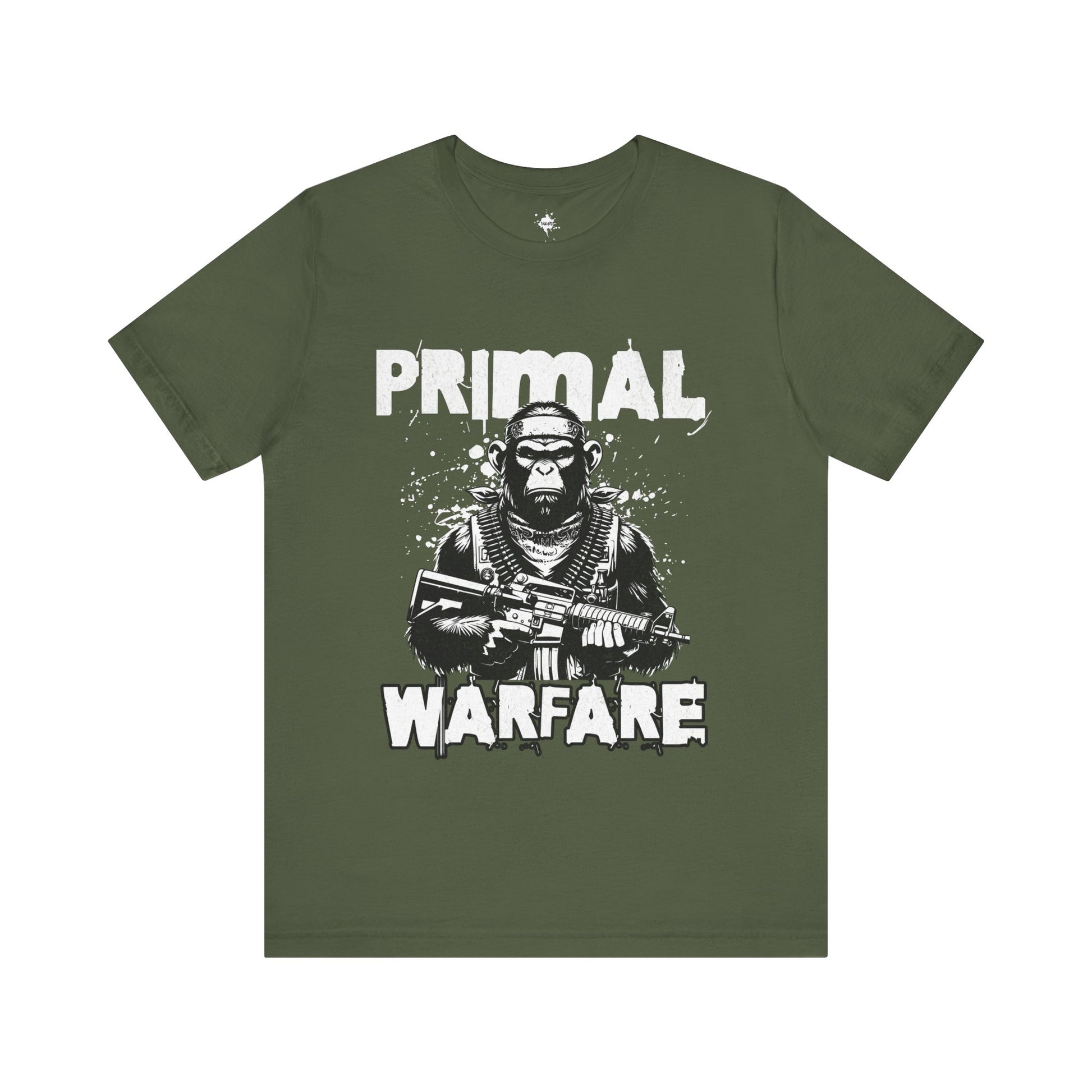 green t-shirt featuring a powerful military gorilla gripping a machine gun with the bold phrase 'Primal Warfare,' perfect for military-themed and bold statement style."