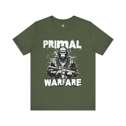 green t-shirt featuring a powerful military gorilla gripping a machine gun with the bold phrase 'Primal Warfare,' perfect for military-themed and bold statement style."