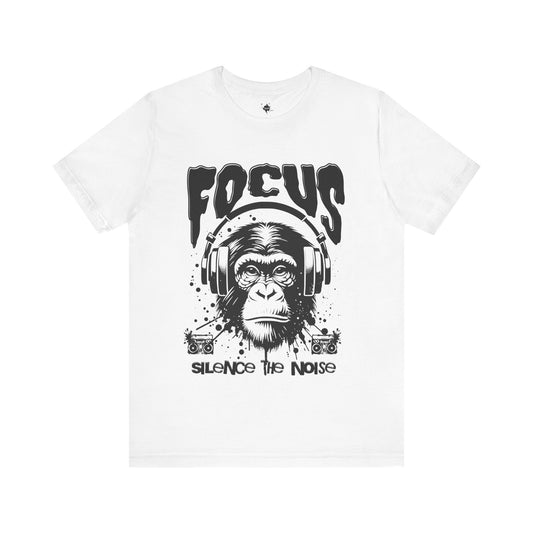 White t-shirt featuring a bold gorilla head wearing headphones and the phrase 'Focus: Silence the Noise'