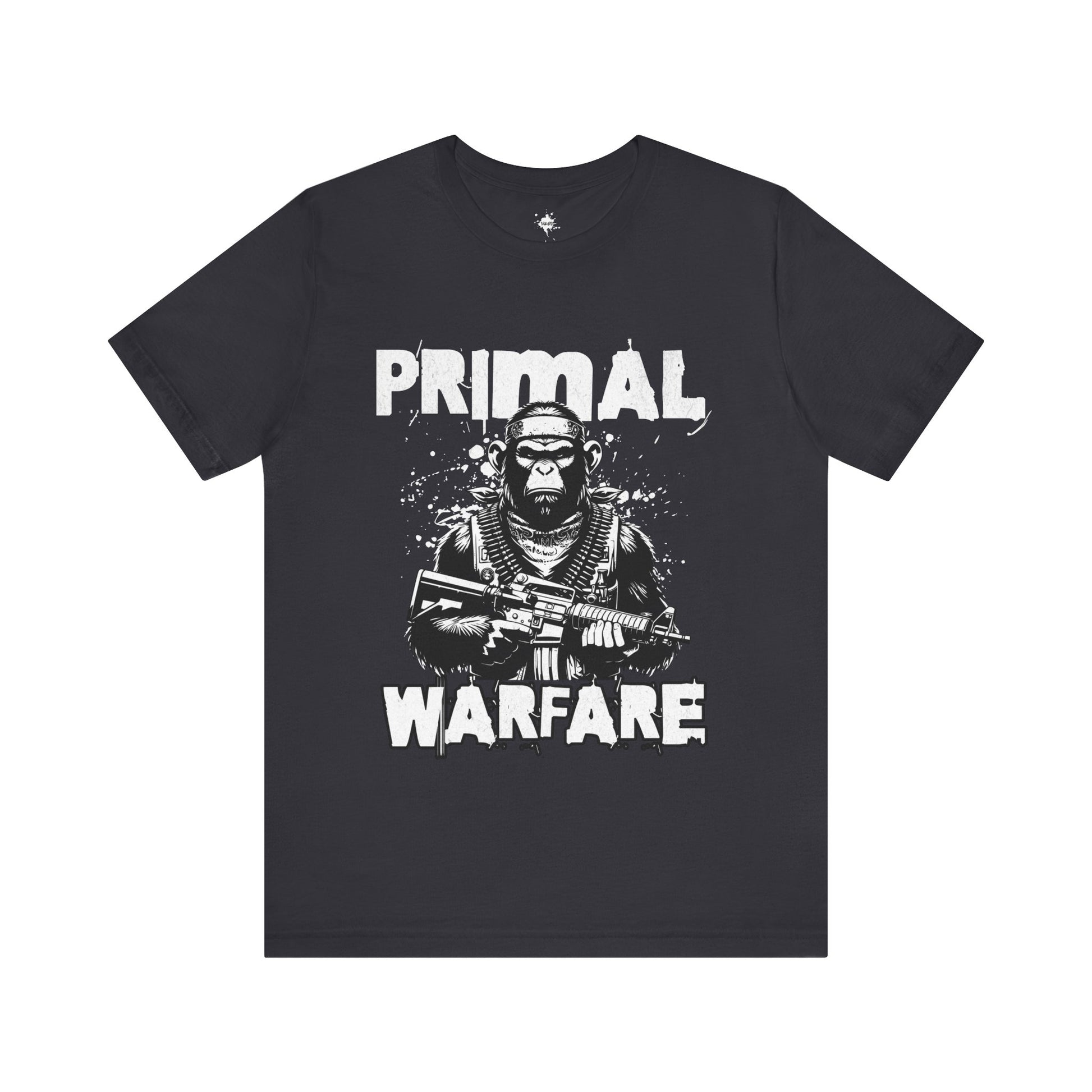 gray  t-shirt featuring a powerful military gorilla gripping a machine gun with the bold phrase 'Primal Warfare,' perfect for military-themed and bold statement style."