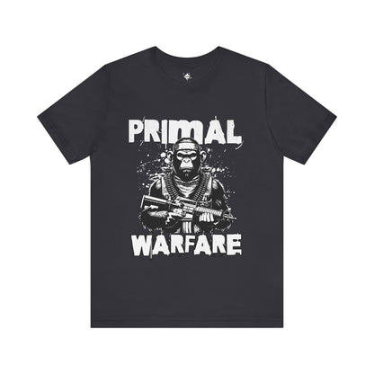 gray  t-shirt featuring a powerful military gorilla gripping a machine gun with the bold phrase 'Primal Warfare,' perfect for military-themed and bold statement style."