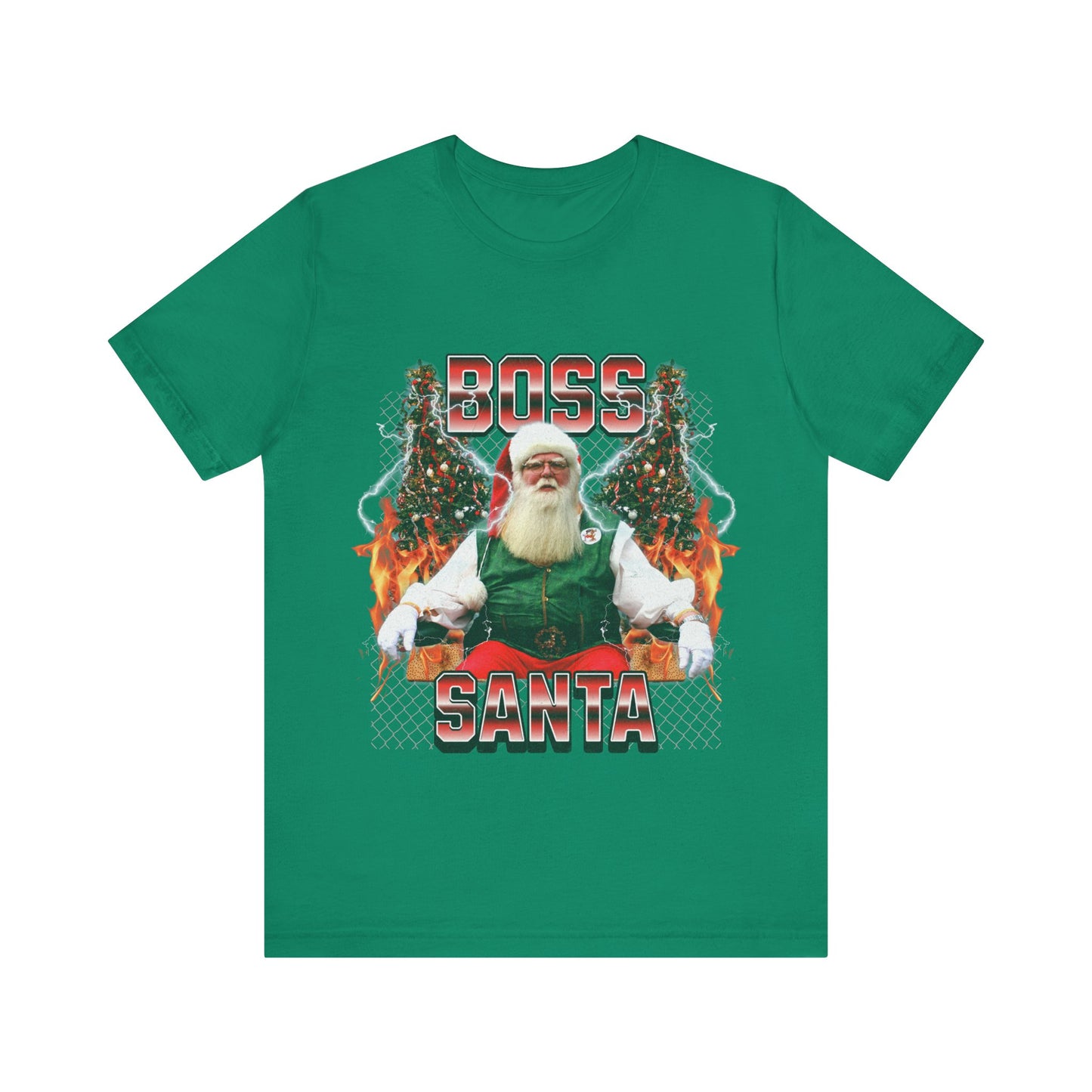 green t-shirt featuring a bold graphic design of a confident Santa Claus with the phrase 'Boss Santa,' perfect for festive and playful holiday style.