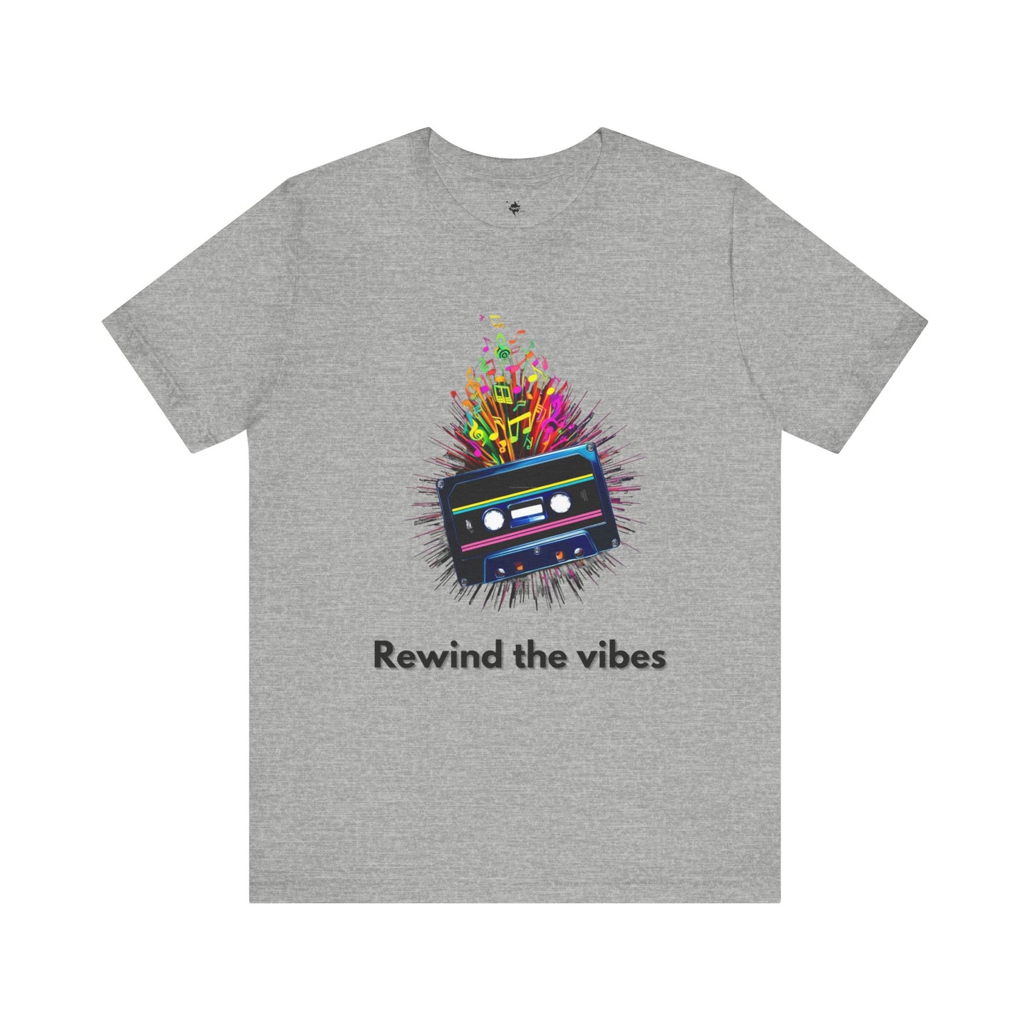 grey t-shirt featuring a retro cassette tape design with musical notes and the phrase 'Rewind the Vibes,' perfect for 90s music lovers and nostalgic style