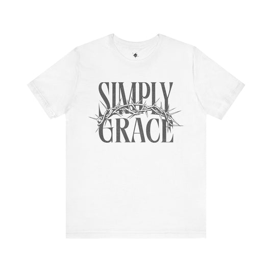 a white t shirt with the pharse simply grace and a thorn crown